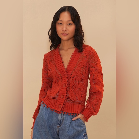 FARM Rio Red Crochet Knit Cardigan - Picture 2 of 10